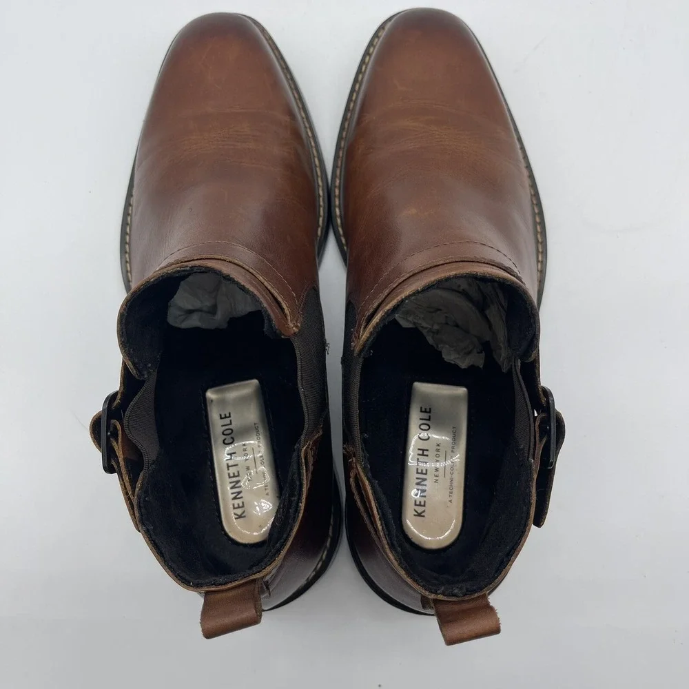 Kenneth Cole New York Sum-Times Mens Size 9.5 Chelsea Leather Boots Cognac Brown